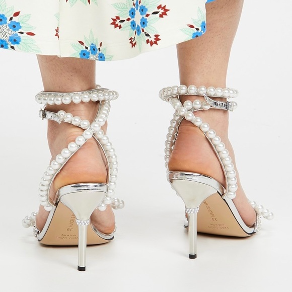 MACH & MACH Pearl Bow Square Toe Sandals in Silver Leather - Picture 5 of 14